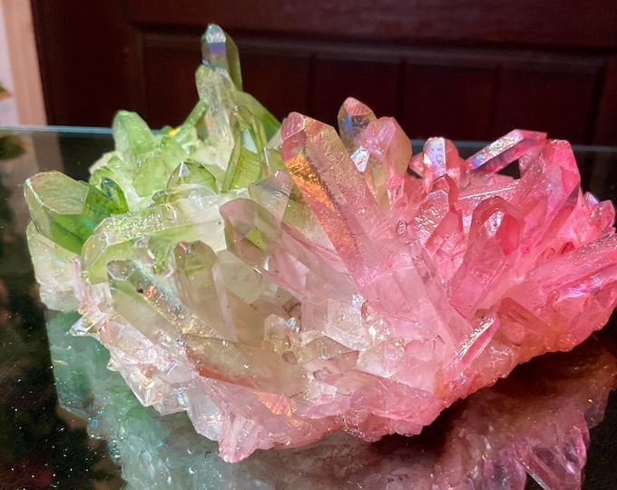 Pink & Green Aura Quartz Crystal Cluster ~ Large 1 Lb. 5 oz. ~ 6" Long ~ Electric Rainbow Iridescent Sparkling Points