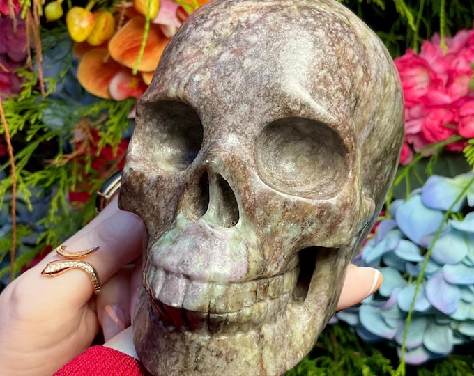 Boulder Chrysoprase Crystal Skull ~ Large 3 Lb. ~ 5" Long ~ Glowing Green & Golden Brown ~ One-of-a-Kind Hand Carved ~ Fast Shipping