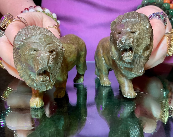 Verdite Pair of African Lions 5" Long Vintage Hand Carved Mineral ~ Congo Crystal Display