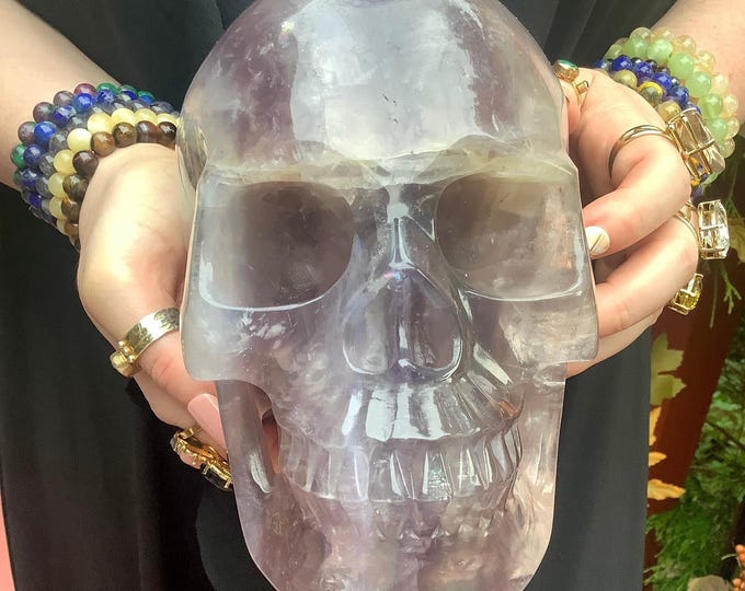 Purple Fluorite Crystal Skull ~ Large 8 Lb. 13 oz. ~ 7" Long ~ Hand Carved Life Size Sculpture ~ Translucent Rainbow Colors ~ Free Standing