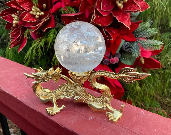 Brazilian Quartz Crystal Ball 10 oz. Clear Sphere ~ 2" Wide ~ Golden Dragon Display Stand Reiki, Altar Feng Shui ~ Fast & Free Shipping