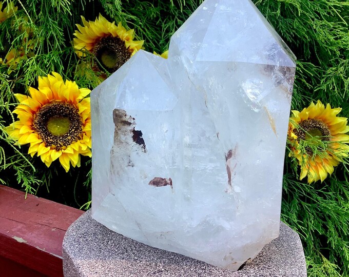 Clear Quartz Twin Flame Generator ~ Large 17 lb. ~ 10" Tall ~ Double Point ~ Sparkling Points ~ Custom Wood Stand