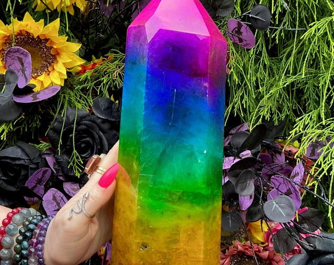 Rainbow Aura Fluorite Crystal Generator ~ 10 lb. ~ 10" Tall Tower ~ Colorful Pink Blue Green Yellow Color ~ Fast & Free Shipping, U.S.A.
