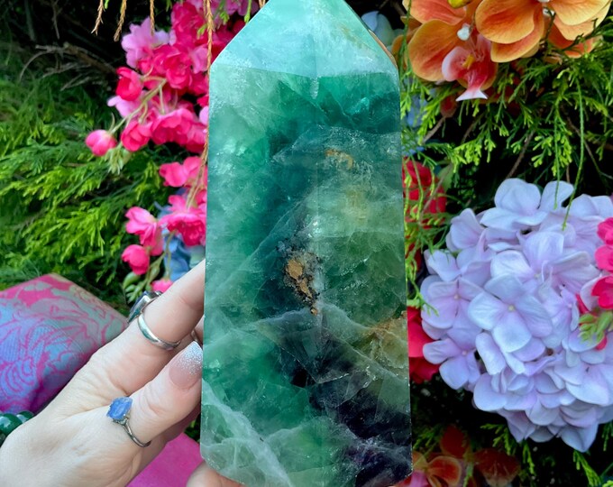 Green Fluorite Crystal Generator ~ Large 3 lb. 8 oz. ~ 7" Tall ~ Green, Purple & White Swirling Rainbow Colors ~ Free Standing Tower