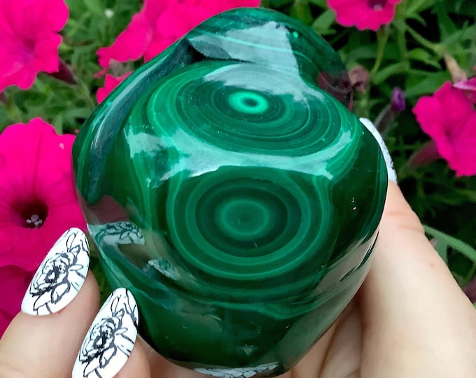 Malachite Freeform Crystal ~ Large 15.9 oz. ~ 3" Long - Big Beautiful Polished Green Mineral Specimen Display ~ Swirling Bullseye Patterns