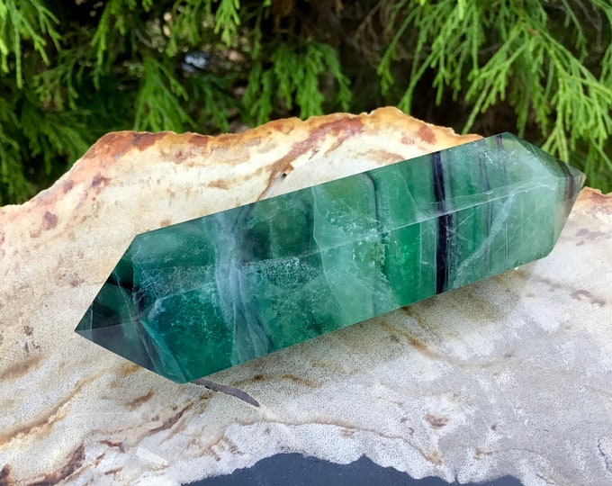 Green Fluorite Double Terminated Wand ~ 4.5 oz. ~ 4" Long ~ Sparkling Purple, Blue, Rainbow Colors ~ Fast Shipping