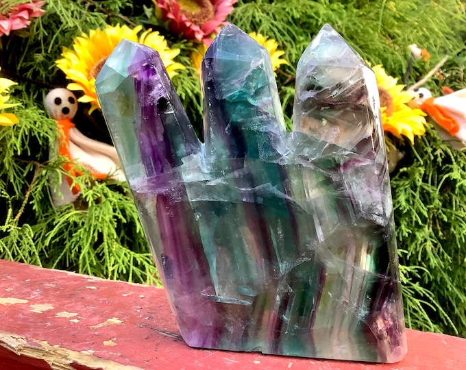 Rainbow Fluorite Crystal Triple Point Generator ~ Large 1 lb. 8 oz. ~ 5" Tall ~ Swirling Colors~ Free Shipping