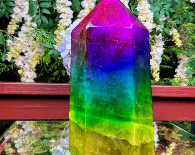 Rainbow Aura Fluorite Crystal Generator ~ Large 6 Lb. 6 oz. ~ 7" Tall Tower ~ Swirling Purple Green & Yellow Colors