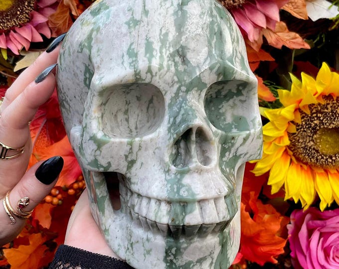 Green Jasper Crystal Skull ~ Large 8 Lb. 8 oz. ~ 6" Long ~ High-Quality ~ Hand-Carved Life-Size Sculpture ~ Fast & Free Shipping, from U.S.A