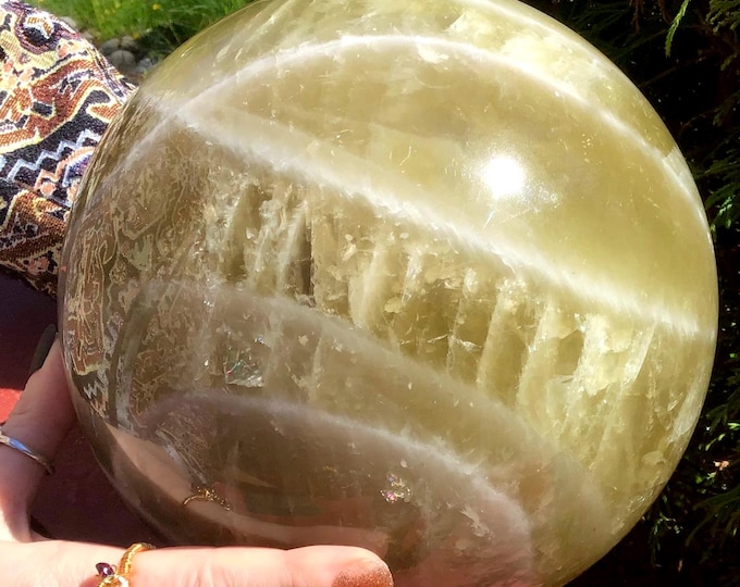 Large 20 Lb. Citrine Crystal Ball ~ 5" Wide ~ Natural Golden Yellow Color ~ White Quartz Bands ~ Sparkling Silver Inclusions ~ Free Shipping