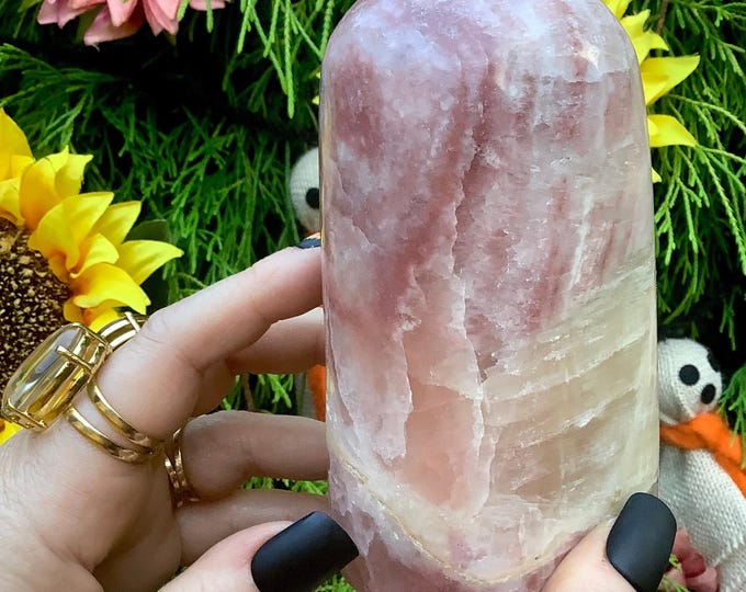 CLEARANCE! ~ Pink Calcite Crystal Free Form ~ Large 2 Lb. ~ 5" Tall ~ Swirling Peach & White Colors ~ Reiki, Feng Shui Altar, Display