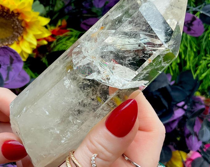 Citrine Quartz Crystal Wand ~ Large 11.4 oz. ~ 5 1/2" Long ~ High Altitude Himalayan Point ~ Clear & Yellow Phantoms ~ Rainbow Inclusions
