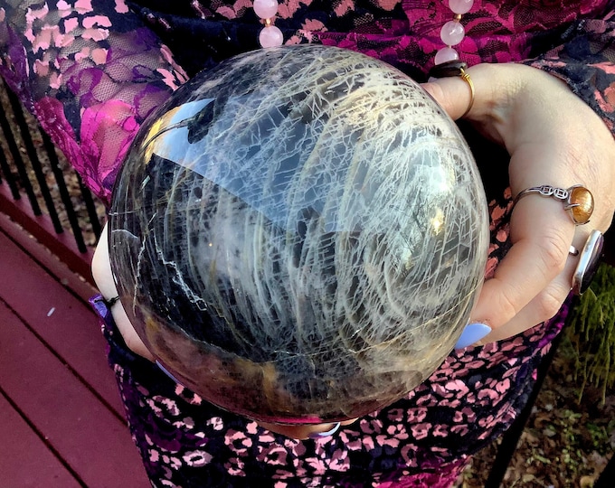 Black Moonstone Crystal Ball ~ Large 5 Lb 13 oz ~ 5" Wide ~ Flashing Dark Gray & Peach Colors ~ Rare, Stunning Metaphysical Display Sphere ~