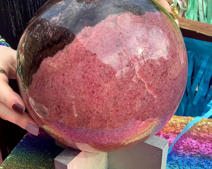 Rhodonite Crystal Ball ~Large 27 Lb. ~ with Handmade Wooden Display Stand~ 7" Wide ~ Heart Chakra, Love, Reiki Healing Altar, Home Decor