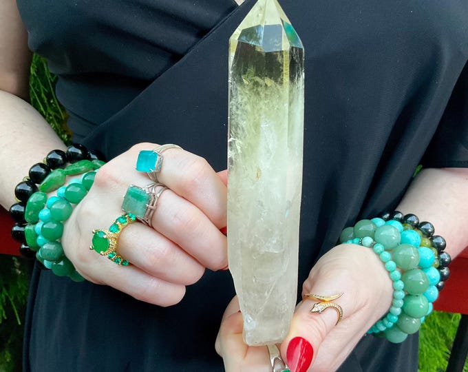 Citrine Quartz Crystal Wand ~ Large 9 oz. ~ 6 1/2" Long ~ High Altitude Himalayan Point ~ Clear Yellow Phantoms Sparkling Rainbow Inclusions