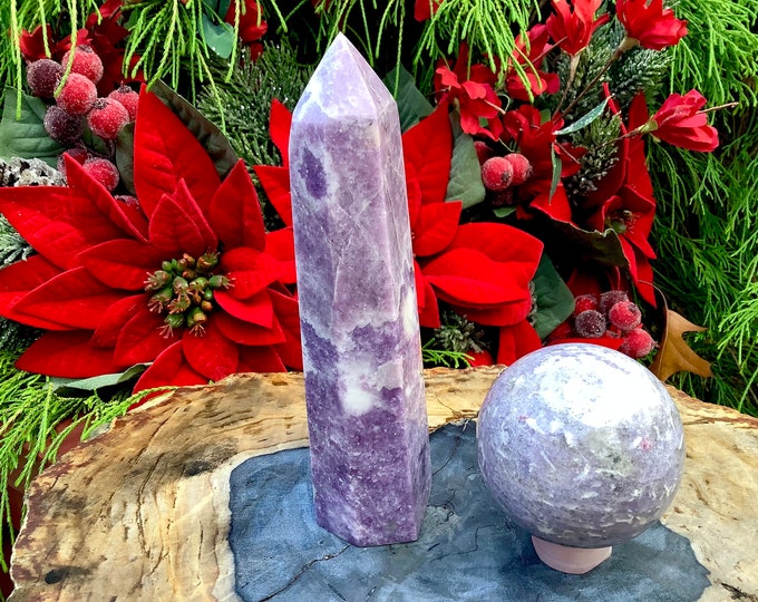 Lepidolite Crystal Ball & Tower with Stand ~ Crystal Gift Set ~ Generator and Sphere Display ~ Free Gift-Wrapping ~ Fast, Free Shipping