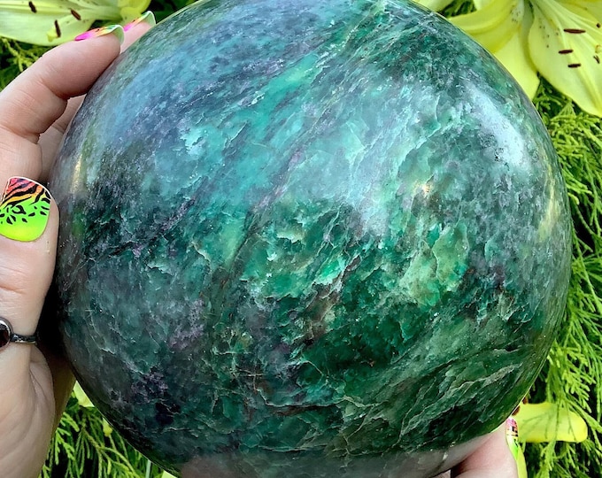 Ruby Zoisite Crystal Ball ~ 13 Lb. Sphere ~ 6" Wide ~ Natural Flashy Ruby Red, Forest Green & Black Sparkling Crystal ~ Fast, Free Shipping
