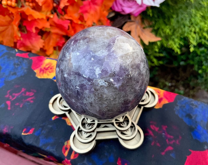 Lepidolite Crystal Ball: Sparkling Mica Sphere with Sacred Geometry Stand