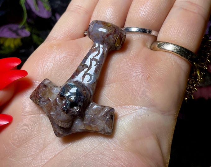 Ocean Agate Skull & Cross Gemstone Crystal Pendant ~ 2" Long ~ One-of-a-Kind ~ Expertly Hand Carved Sculpture ~ Free Fast Shipping