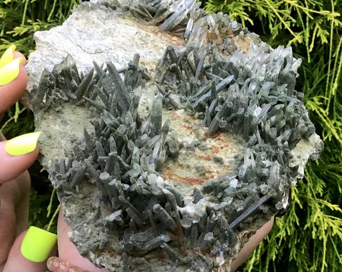 Nepal Chlorite in Clear Quartz Crystal Cluster ~ Large 1 Lb. 4 oz. ~ 7" Long ~ Ultra Sparkling Rare Mineral Specimen ~ Fast & Free Shipping
