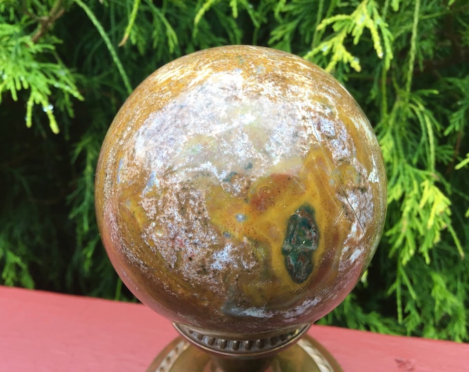Yellow Ocean Jasper Crystal Ball ~ Large 1 Lb. 5 oz. ~ 3" Wide ~ Golden, White, Green Colors ~ Fast & Free Shipping, USA + Global Shipping ~