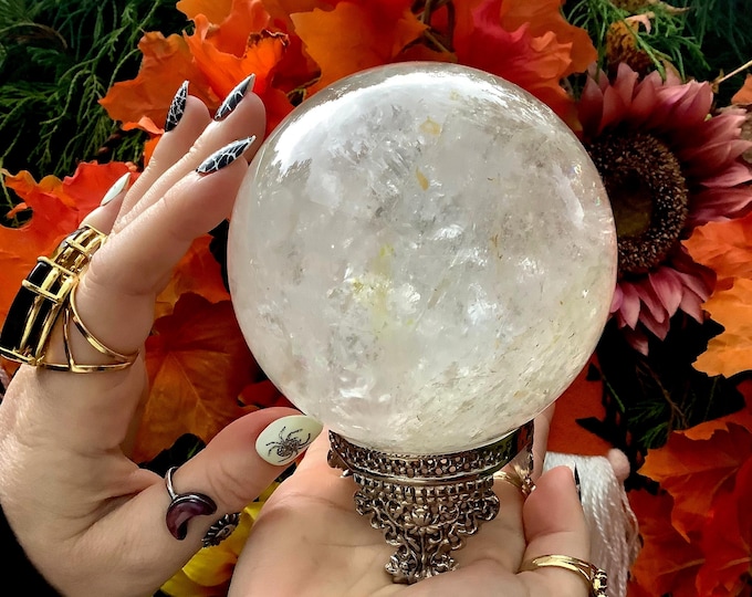 Clear Quartz Crystal Ball w/ Ornate Brass Stand ~ 2 Lb. 14 oz. ~ 4" Wide ~ Stunning Metaphysical Home Decor ~ Fast & Free Shipping, U.S.A. ~