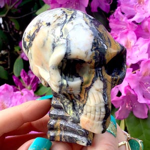 May include: A carved stone skull sculpture with a detailed design. The skull features a mix of colors, including white, black, and tan, with intricate patterns. The sculpture is held in a hand with turquoise nail polish, with pink flowers in the background.