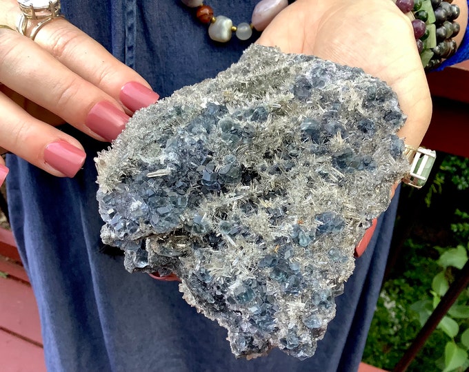 Blue Fluorite Crystal Cluster ~ Large 1 Lb. ~ 4" Long ~ Sparkling Quartz Mineral Matrix ~ Clear, Ice Blue Colors ~ Cubic Formation ~