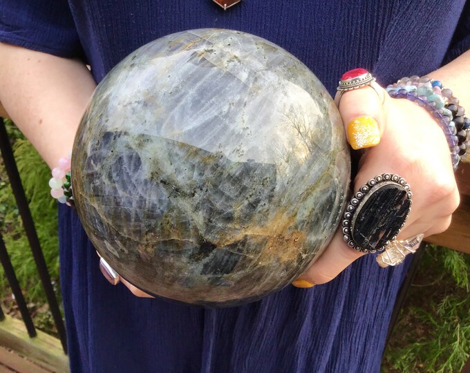 Labradorite Crystal Ball ~ Large 8 Lb. ~ 5" Wide ~ Flashing Blue & Gold Iridescent Colors