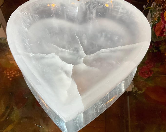 Selenite Heart Shaped Crystal Jewelry Dish ~ Large 3 Lb. 8 oz. - 7 1/2" Oval ~ Transparent White Mineral ~ Swirling Pearlescent Patterns
