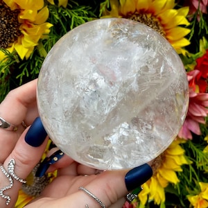 Clear Quartz Crystal Ball ~ Large 2 Lb. 10 oz. ~ 3 1/2 &quot; Wide ~ Sparkling Silver Inclusions ~ Metaphysical Home Decor ~ Fast & Free Shipping