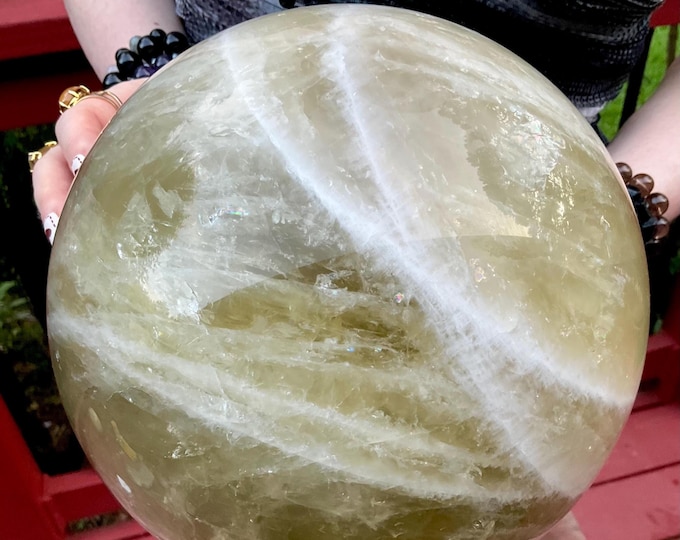 Citrine Crystal Ball ~ Large 23 Lb. 12 oz. ~ 8" Wide ~ White Banded Golden Yellow Color ~ Sparkling Silver & Gold Inclusions ~ Metaphysical