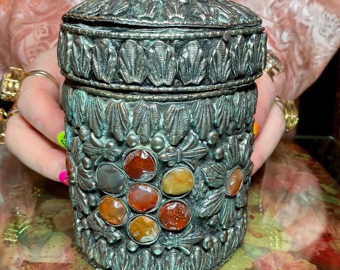 Vintage Agate Inlaid Moroccan Jewelry Trinket/Box ~ Cylinder Shape Dome Top w/ Semi Precious Stones ~ 4" Tall ~ Handmade Metalwork Art