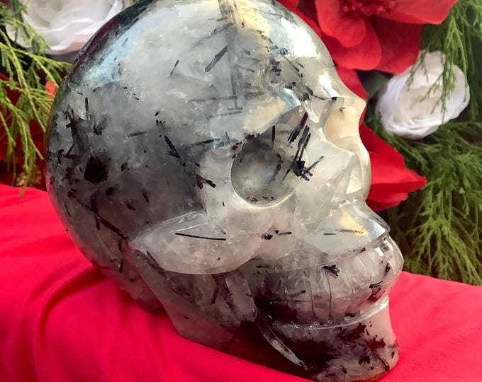 Black Tourmaline Crystal Large 6 Lb. 15 oz. Skull ~ 6" Tall ~Swirling Colorful Thick Black Hair Inclusions ~ Expertly Hand Carved