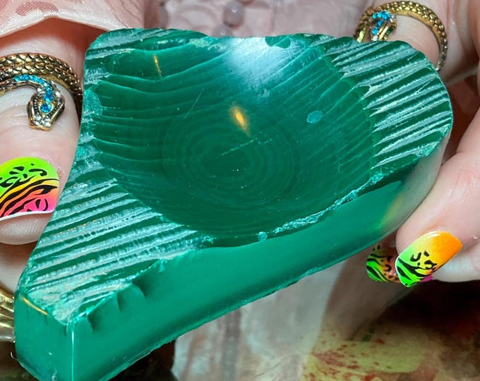 Malachite Crystal Bowl ~ 8 oz. ~ 3 1/2" Long ~ Vintage Charging Dish ~ Green Mineral Specimen ~ Swirling Bulls Eye Patterns