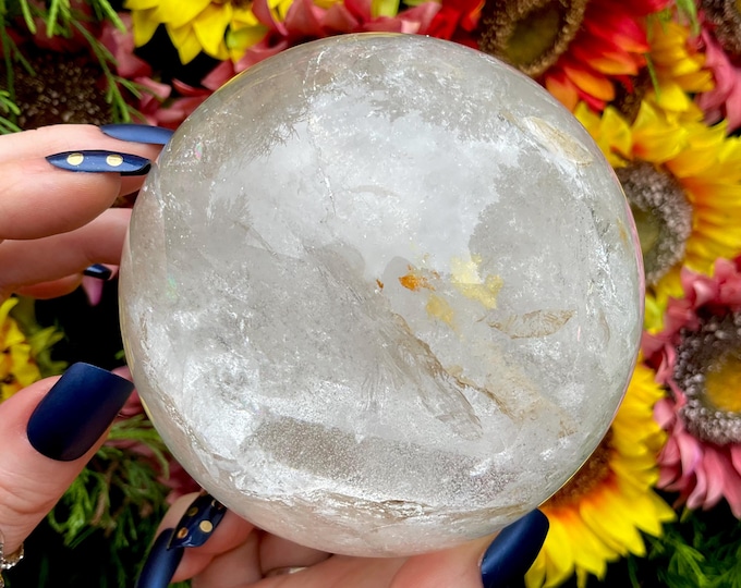 Clear Quartz Crystal Ball ~ Large 2 Lb. 14 oz. ~ 4" Wide ~ Rainbow & Golden Inclusions ~ Stunning Metaphysical Home Decor ~ Free Shipping