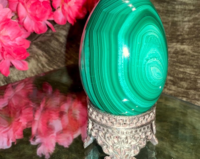 CLEARANCE! ~ Malachite Egg Large 15 oz. with Stand ~3" Tall ~ Hand Carved from Congo Africa ~ Swirling Bull's Eyes