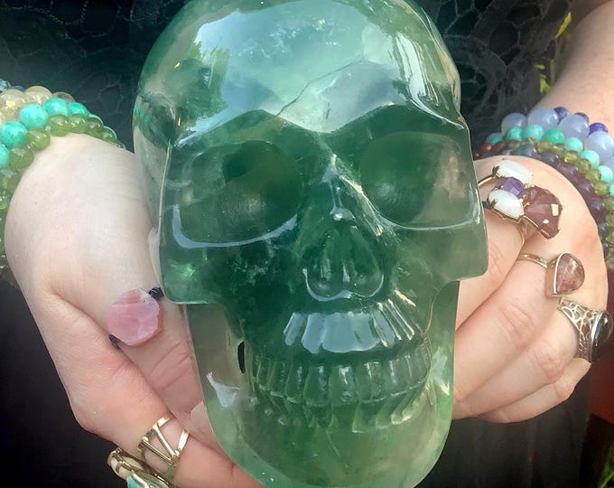 Green Fluorite Crystal Skull ~ Large 3 Lb. 11 oz. ~ 5" Tall ~ Hand Carved ~ Sparkling Translucent Sculpture ~ Fast & Free Shipping, U.S.A. ~