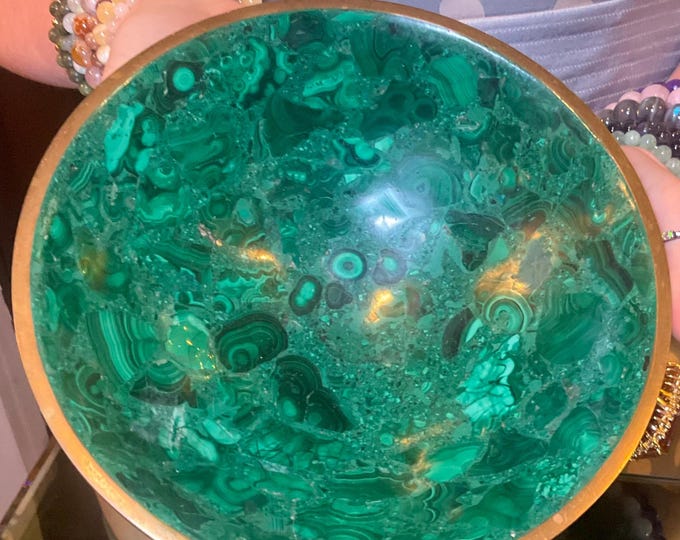 Vintage Malachite 2 Lb. Bowl - 8" Round ~ Copper Trim ~ Hand Made and Carved ~ Green Swirling Bullseye Colors