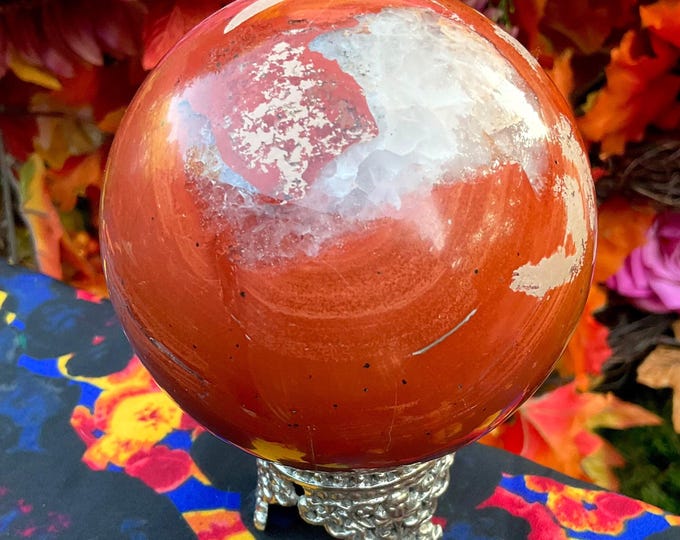 Red Jasper Crystal Ball ~ w/ Ornate Decorative Display Stand ~ Large 2 Lb. Ball ~ 3 1/2" Wide ~ Fast & Free Shipping, USA + Global Shipping
