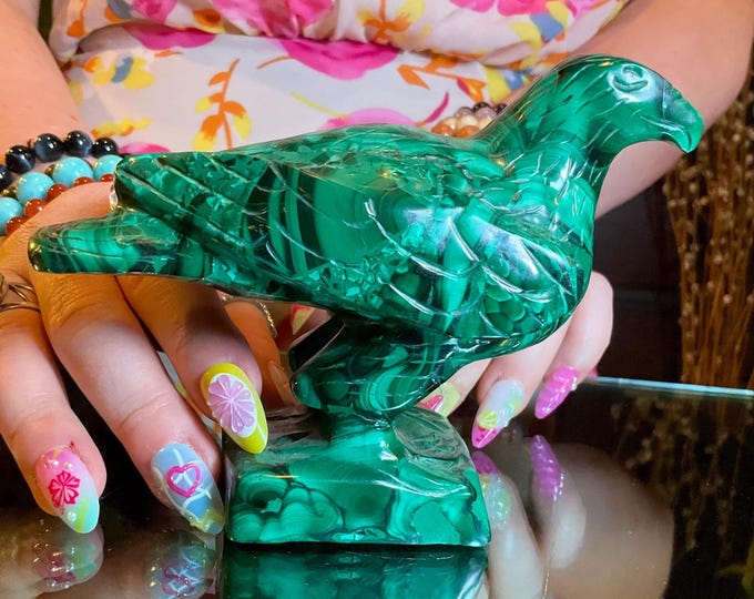 Malachite Eagle Bird Crystal Carving ~ 1 Lb. 12 oz. ~ 5" Long ~Vintage Hand Carved & Polished in Congo ~ Animal Totem, Altar n Display