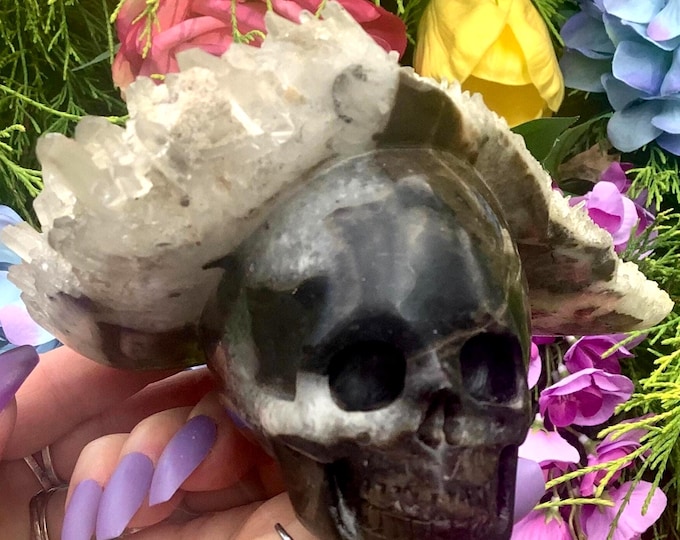 Clear Quartz Crystal Skull ~ Large 2 Lb. 4 oz. ~ 7" Long ~ Hand Carved Skull in the Natural Matrix with Sparkling Quartz Crystal points