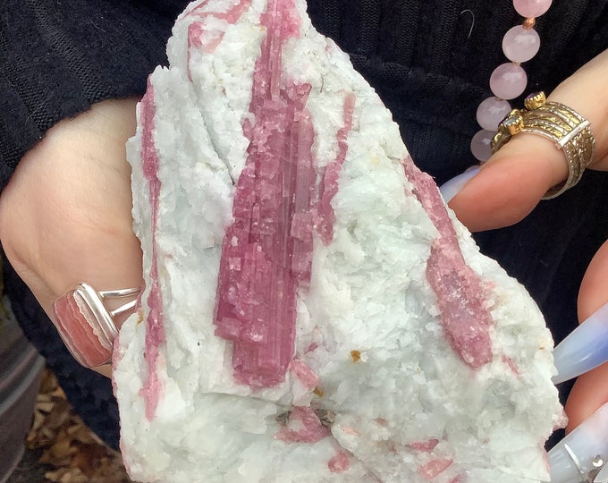 Pink Tourmaline Crystal Cluster ~ Large 1 Lb. 3 oz. ~ 5" Long ~ Colorful Gemmy Rubellite Bands on Quartz Matrix ~ Fast & Free Shipping