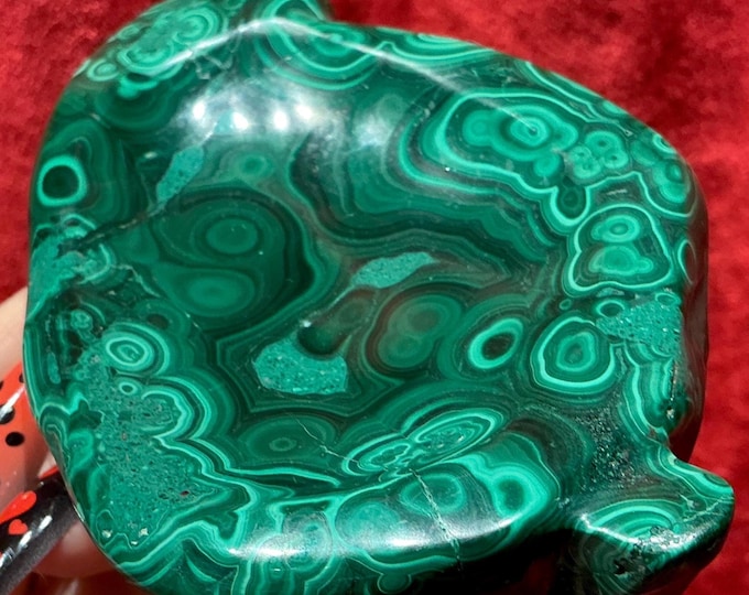 Malachite Crystal Bowl ~ 11 oz. ~ 4 1/2" Long ~ Vintage Hand Carved Jewelry Dish ~ Beautiful Green Colorful Swirling Bulls Eye Patterns