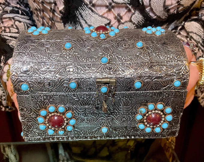 Tibetan Nepalese Jewelry Box ~ 6" Long ~ Inlayed Turquoise & Red Carnelian~ Ornate Silver Filigree ~ Expertly Hand Crafted