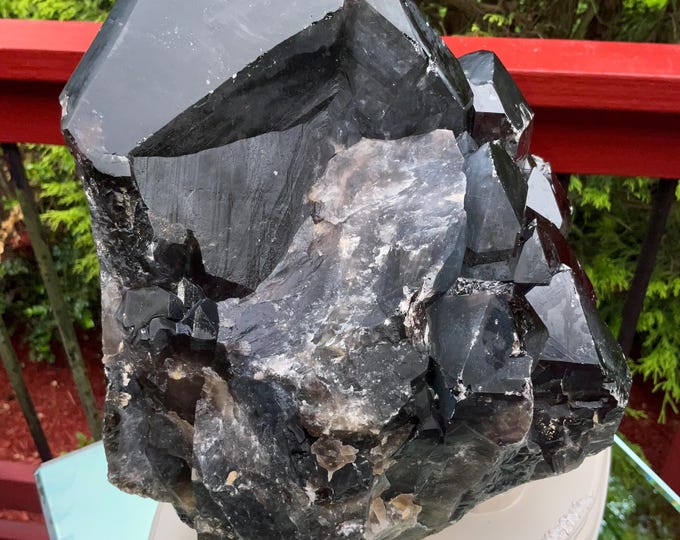 Black Morion Quartz Display Crystal 22 Lb. 14 oz.  Single-Terminated Point Cluster ~10" Tall ~Natural Black Color ~ Custom Hand Carved Stand