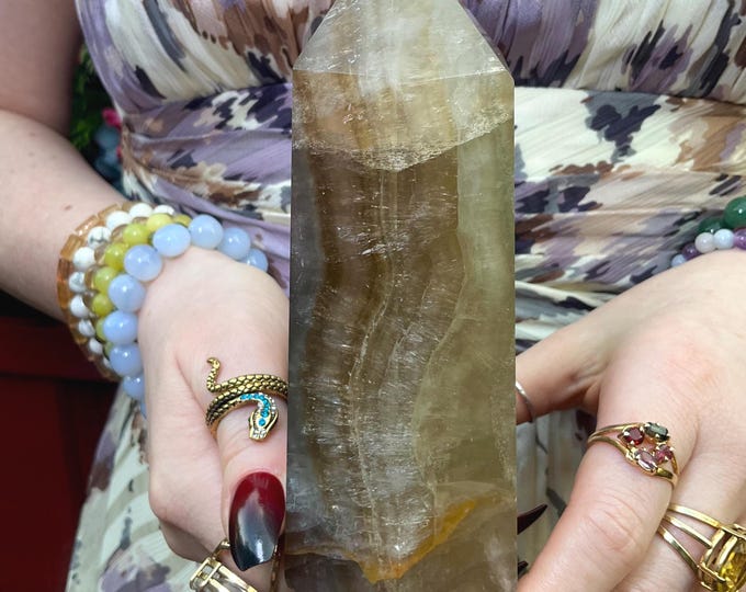Yellow Fluorite Crystal Generator ~ Large 1 lb. 13 oz. ~ 5 1/2" Tall ~ Swirling Golden Honey Colors ~ Free & Fast Shipping, U.S.A + Global ~