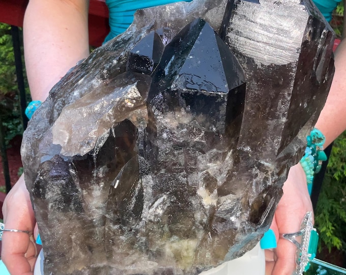 Black Morion Quartz Display Crystal 12 Lb. 12 oz.  Single-Terminated Point Cluster ~ 9" Tall ~Natural Black Color ~ Custom Hand Carved Stand