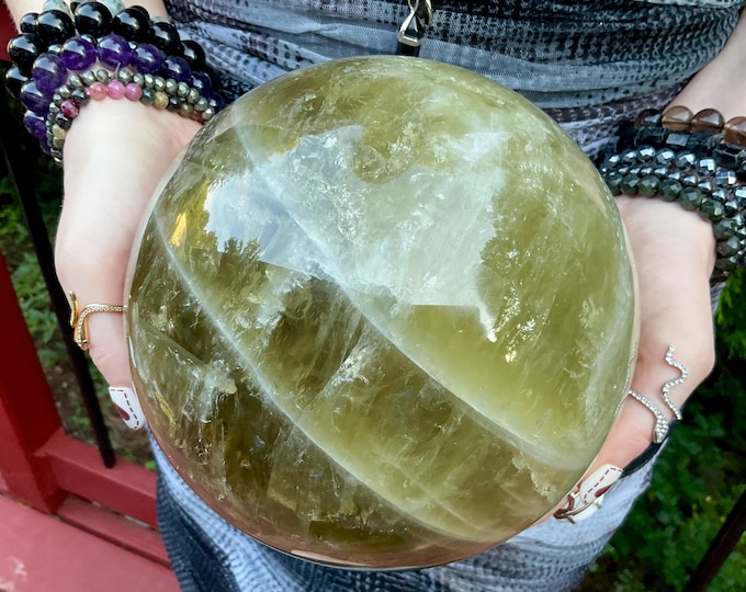 Smokey Citrine Crystal Ball ~ Large 13 lb. 15 oz. ~ 6 1/2" Wide ~ Big Swirling White Bands ~ Silver Flash Inclusions ~ Fast & Free Shipping
