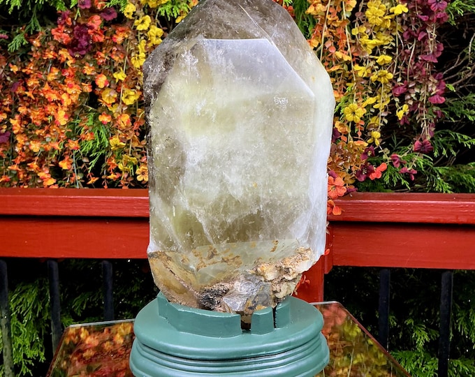 Clear Citrine Quartz Crystal Point ~ 15 Lb. 12 oz. ~ 12" Tall~ Sparkling Yellow with Golden Rainbow Inclusions ~ Custom Hand Carved Stand